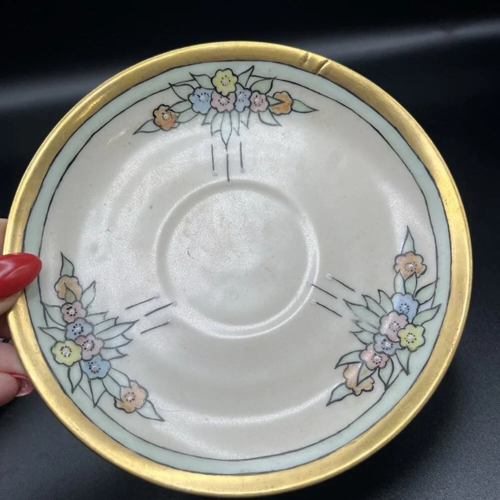Antique Hand Painted Japan Teacup & Germany Porcelain Saucer Mismatched Art Deco
